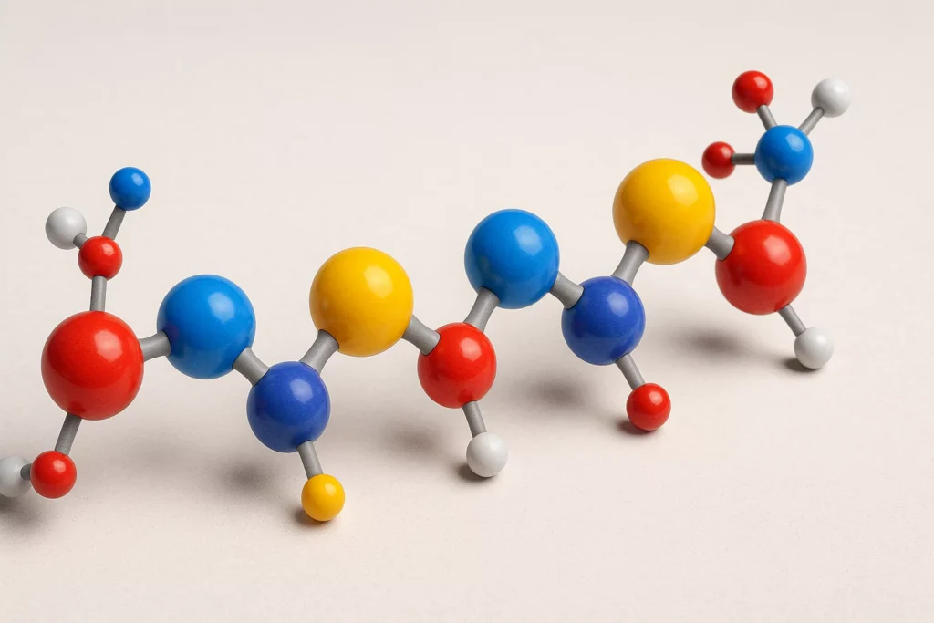 3D molecular model showing a short peptide chain of amino acids