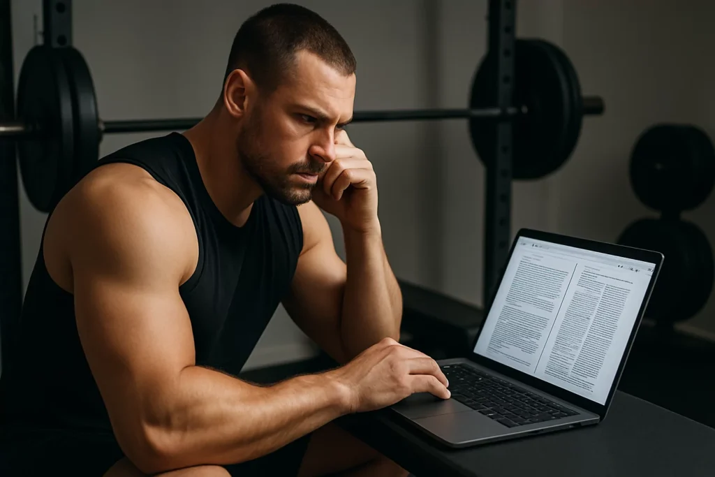 Serious athlete reading scientific studies on laptop in home gym