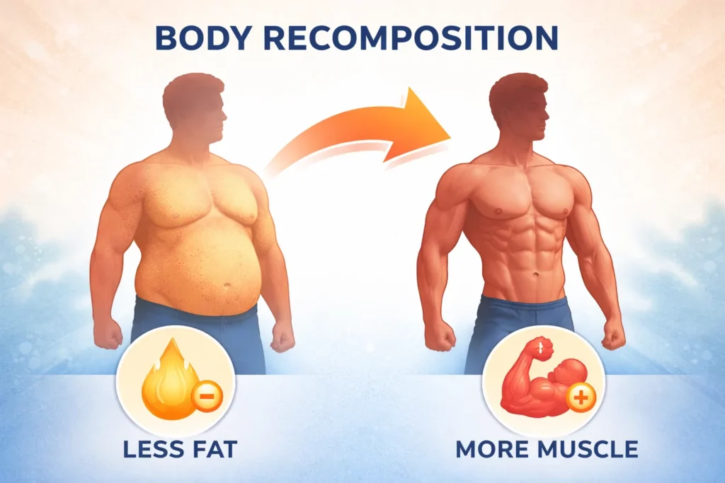 Conceptual side-by-side silhouette illustration showing a body transformation from a higher body fat percentage to a leaner, more muscular physique.