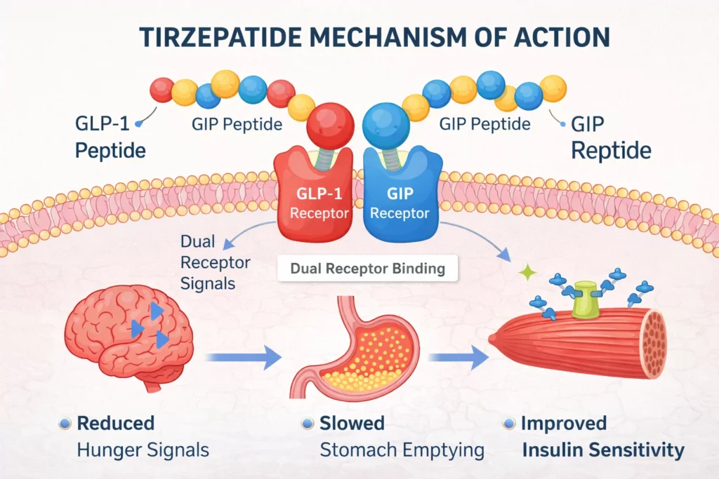 Infographic illustrating how Tirzepatide works: It shows the peptide binding to GLP-1 and GIP receptors, leading to reduced brain hunger signals, slowed stomach emptying, and improved insulin sensitivity in muscle.